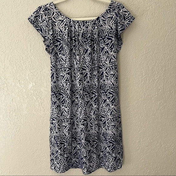 Rum Reggae women’s palm tree print midi shift dress, M, blue and white - Picture 2 of 5